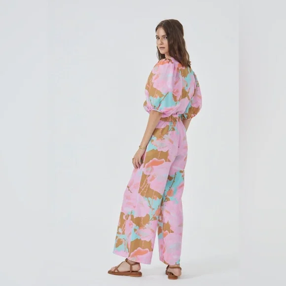 High-Waist Wide-Leg Floral Print Pants - Pink & Brown - Picture 4 of 11